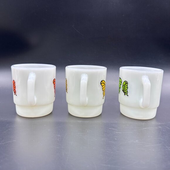 Vintage Milk Glass Mugs Rainbow Butterflies Anchor Hocking USA 70s Stacking Cups - Picture 3 of 10